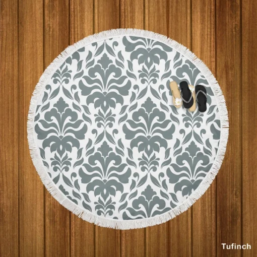 Jet Grey Damask Pattern Round Beach Towel