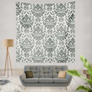 Jet Grey Damask Pattern Wall Tapestry