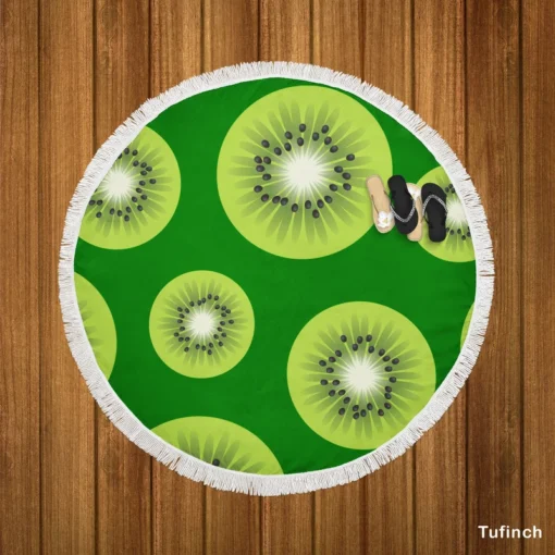 Kiwi Fruit Sliced In Green Round Beach Towel