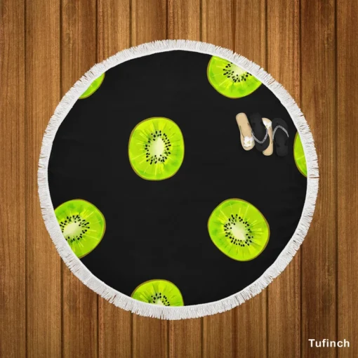 Kiwi Slice Black Background Round Beach Towel