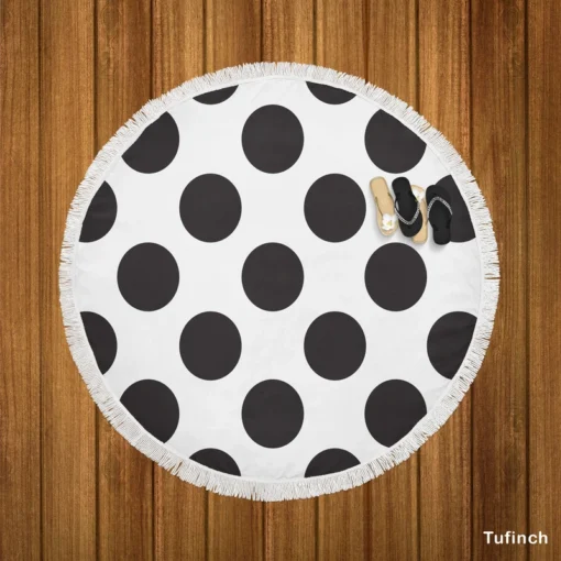 Large Black Polka Dots On White Background Round Beach Towel