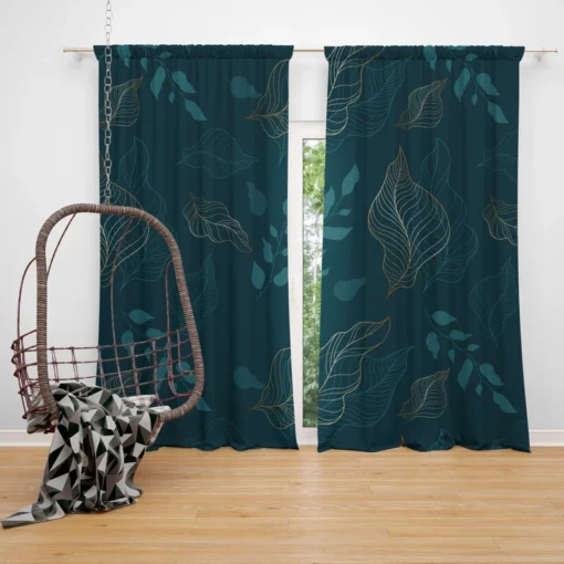 Leaves On Dark Turquoise Curtain