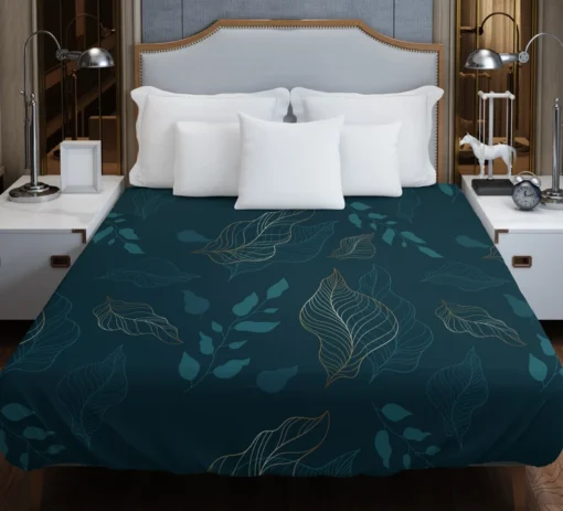 Leaves On Dark Turquoise Duvet Cover