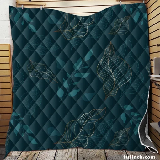 Leaves On Dark Turquoise Quilt Blanket