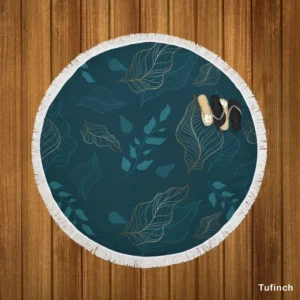 Leaves On Dark Turquoise Round Beach Towel