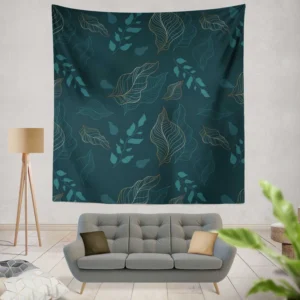 Leaves On Dark Turquoise Wall Tapestry