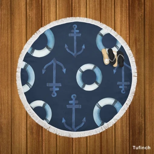 Lifebuoy Anchor On Green Vogue Round Beach Towel