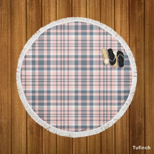 Light Pink Grey Checkered Pattern Round Beach Towel