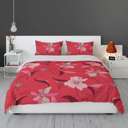 Lily Floral Red Salsa Background Bedding Set 1