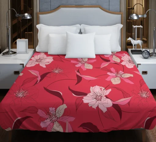 Lily Floral Red Salsa Background Duvet Cover