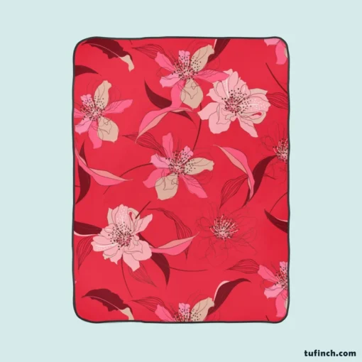 Lily Floral Red Salsa Background Fleece Blanket 1