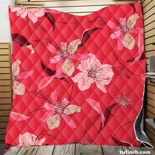 Lily Floral Red Salsa Background Quilt Blanket