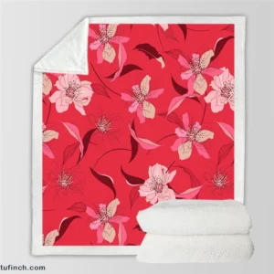 Lily Floral Red Salsa Background Sherpa Fleece Blanket