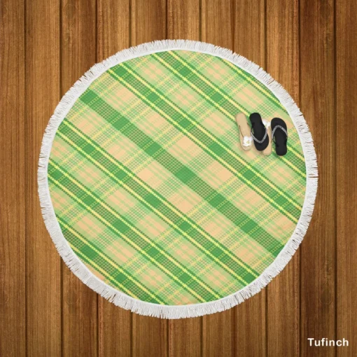 Lime Green Tartan Plaid Check Pattern Round Beach Towel