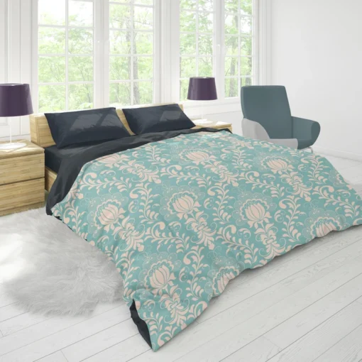 Lotus Flower Damask In Aqua Island Duvet Cover 1