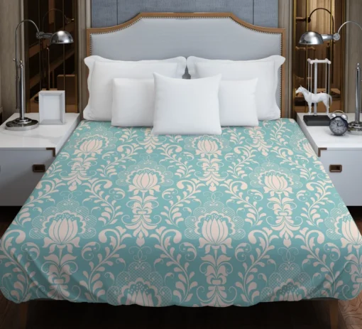 Lotus Flower Damask In Aqua Island Duvet Cover