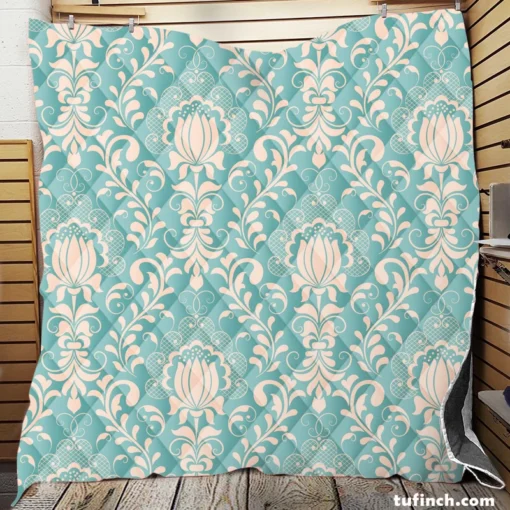 Lotus Flower Damask In Aqua Island Quilt Blanket