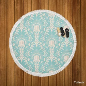 Lotus Flower Damask In Aqua Island Round Beach Towel