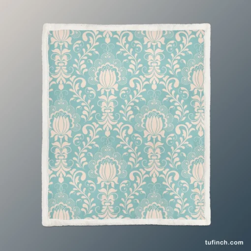 Lotus Flower Damask In Aqua Island Sherpa Fleece Blanket 1