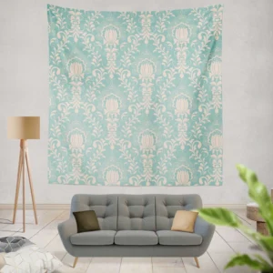 Lotus Flower Damask In Aqua Island Wall Tapestry