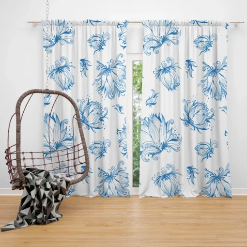 Lotus Sketch Floral Pattern Curtain