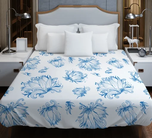 Lotus Sketch Floral Pattern Duvet Cover