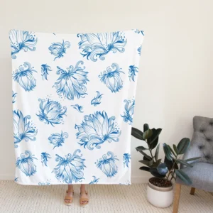 Lotus Sketch Floral Pattern Fleece Blanket