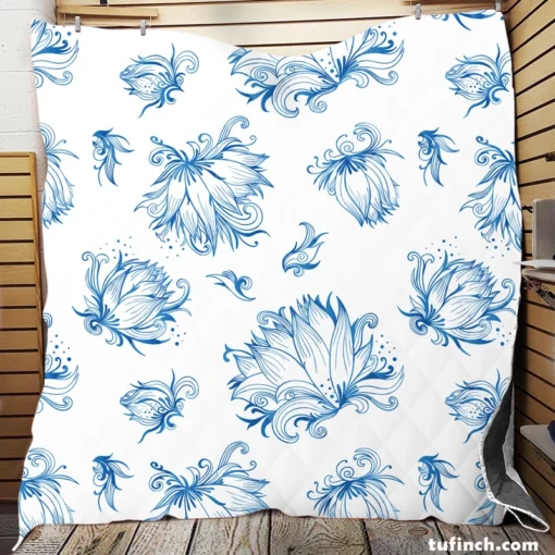 Lotus Sketch Floral Pattern Quilt Blanket