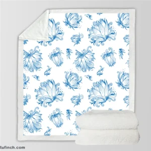 Lotus Sketch Floral Pattern Sherpa Fleece Blanket