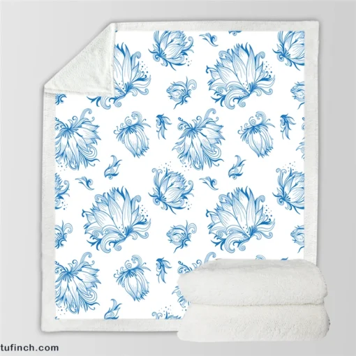 Lotus Sketch Floral Pattern Sherpa Fleece Blanket