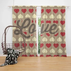 Love Text Romantic Red White Hearts Curtain