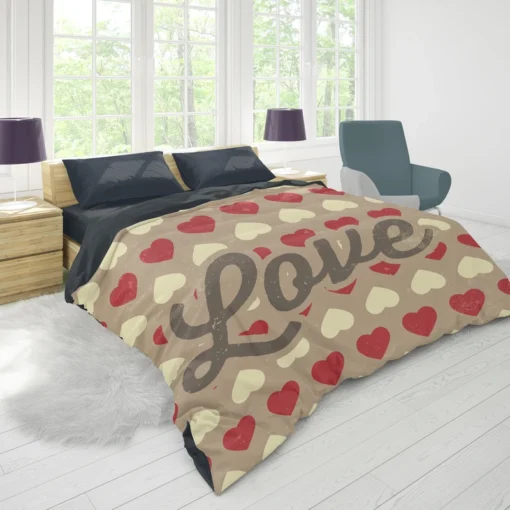 Love Text Romantic Red White Hearts Duvet Cover 1