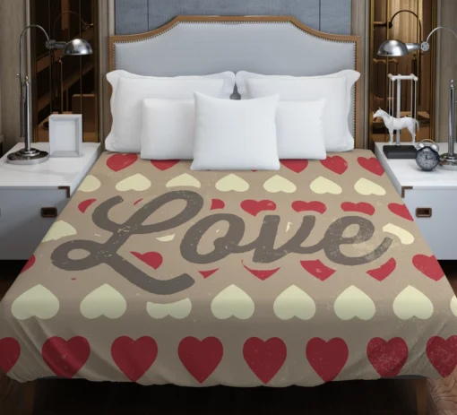 Love Text Romantic Red White Hearts Duvet Cover