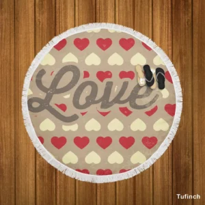 Love Text Romantic Red White Hearts Round Beach Towel