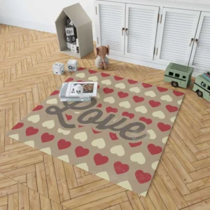 Love Text Romantic Red White Hearts Rug 1