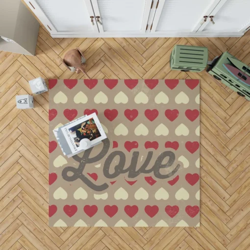 Love Text Romantic Red White Hearts Rug