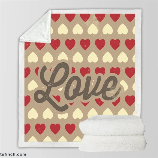 Love Text Romantic Red White Hearts Sherpa Fleece Blanket