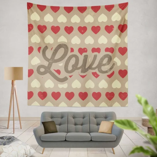 Love Text Romantic Red White Hearts Wall Tapestry