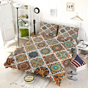 Luxurious Moroccan Orange Green Artwork Bedding Set