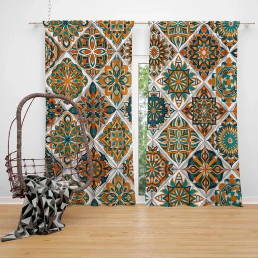 Luxurious Moroccan Orange Green Artwork Curtain