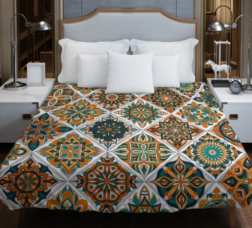 Luxurious Moroccan Orange Green Artwork Duvet Cover