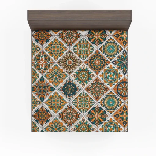 Luxurious Moroccan Orange Green Artwork Fitted Sheet