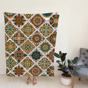 Luxurious Moroccan Orange Green Artwork Fleece Blanket