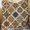 Luxurious Moroccan Orange Green Artwork Quilt Blanket