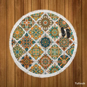 Luxurious Moroccan Orange Green Artwork Round Beach Towel