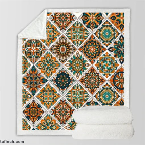 Luxurious Moroccan Orange Green Artwork Sherpa Fleece Blanket