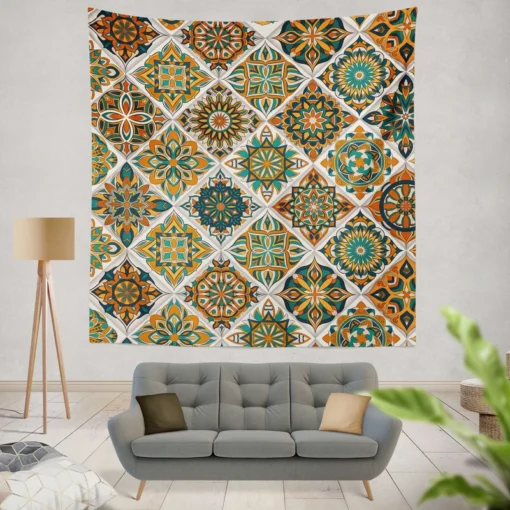 Luxurious Moroccan Orange Green Artwork Wall Tapestry