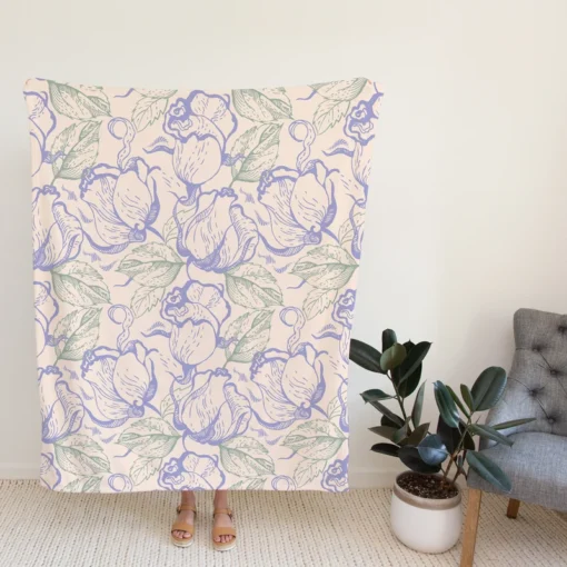 Magnolia Flowers Toile Pattern Fleece Blanket