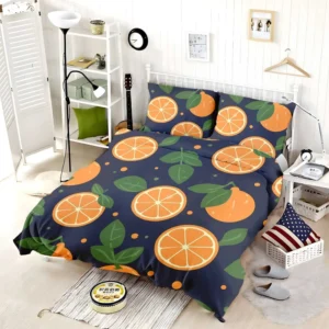 Mandarin Fruit Pattern On Dark Blue Bedding Set