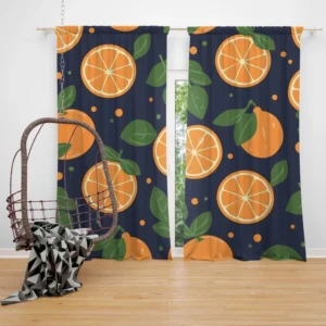 Mandarin Fruit Pattern On Dark Blue Curtain